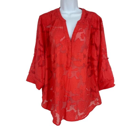 Torrid Blouse Harper Chiffon Clip Floral Pullover 3/4 Sleeve Sheer Coral Size 1X - Picture 1 of 11